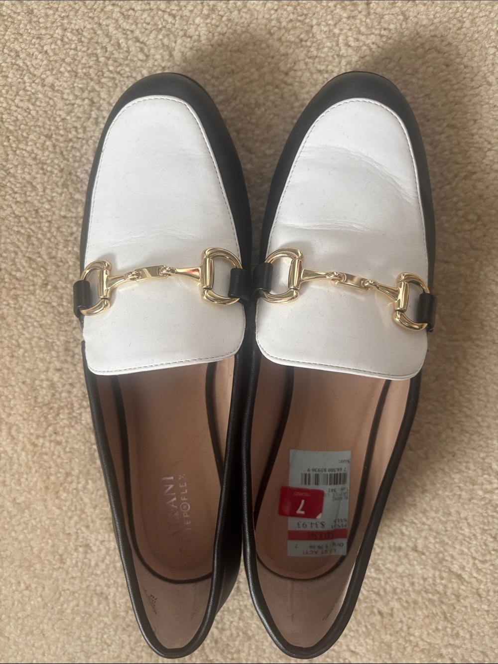 Alfani Two-Tone White and Black Leather Loafers with Gold Horsebit